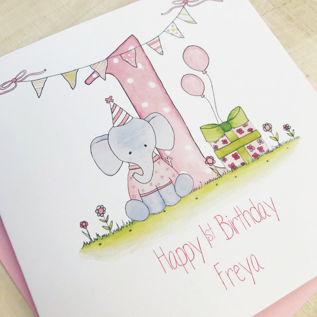 Personalised Girls 1st Birthday Card - Elephant – Just For Cards