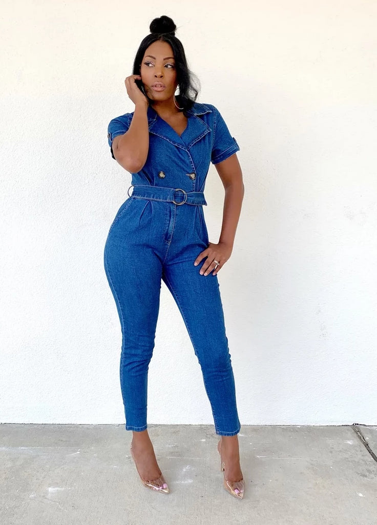 tight denim jumpsuit