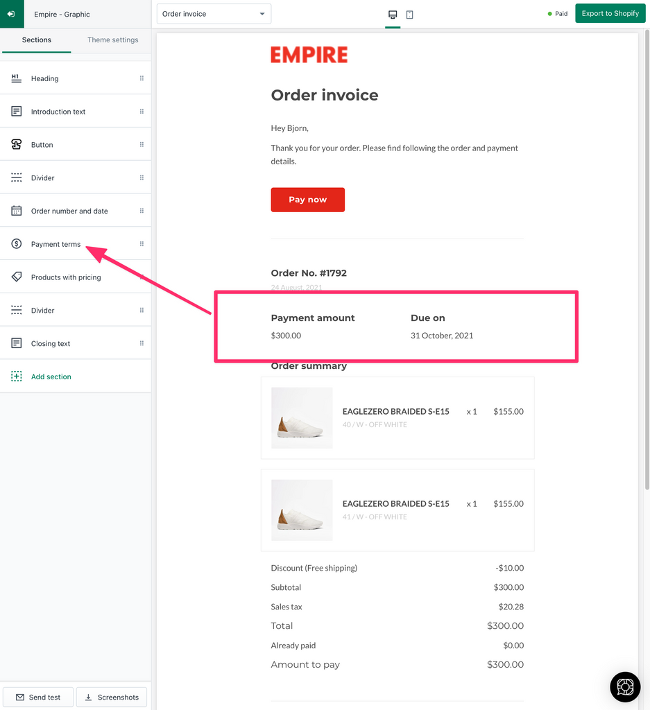 Shopify "Order invoice" email updated screenshot