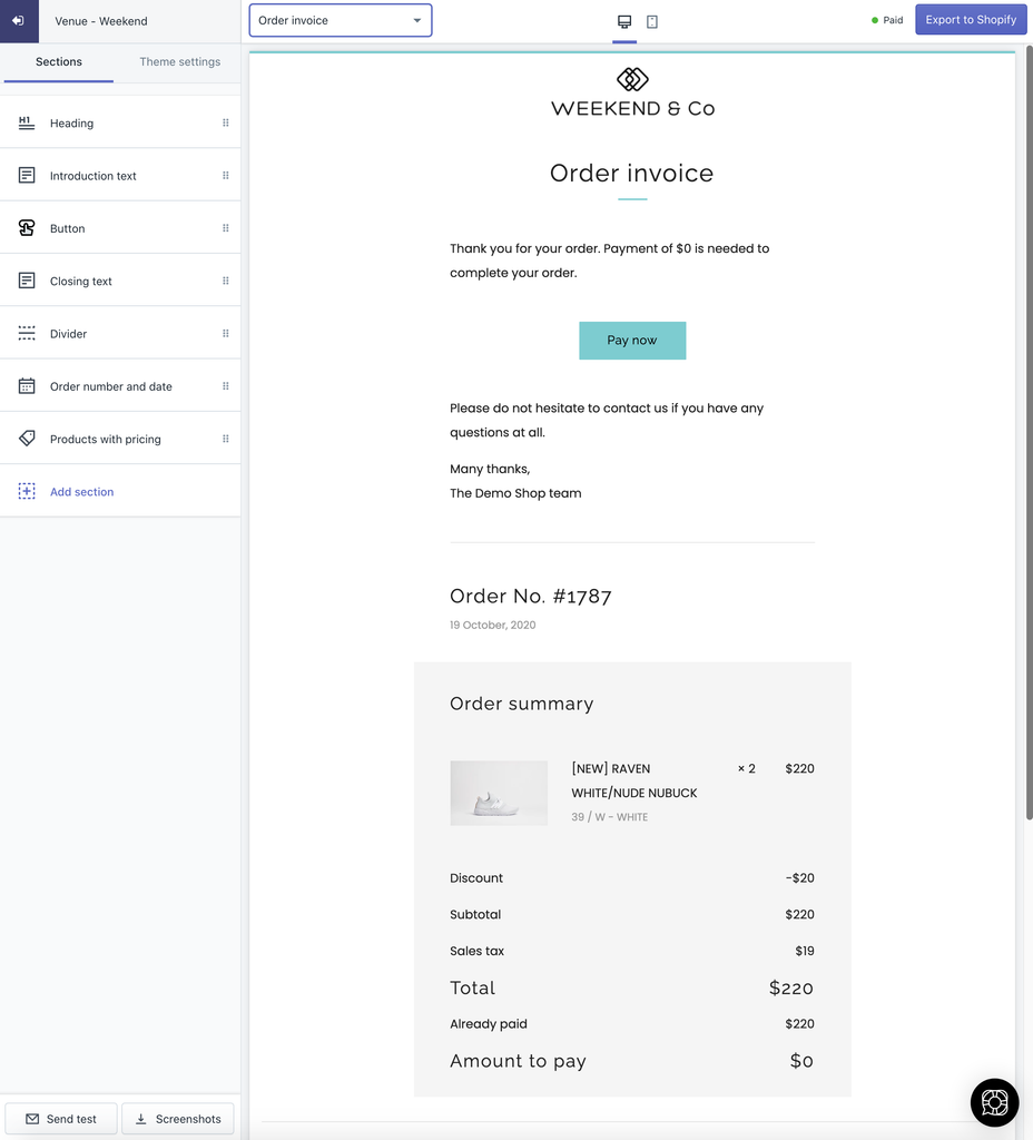 Example of Order invoice email