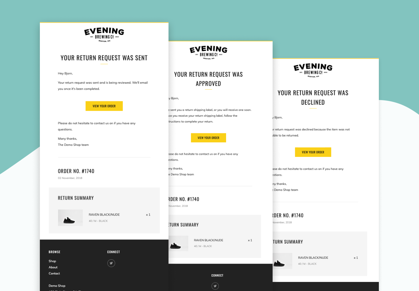 Example design of the 3 new Shopify Returns Emails