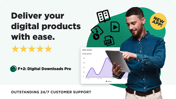 Hero image digital downloads pro. man holding a tablet, graph in the background with icons in the background