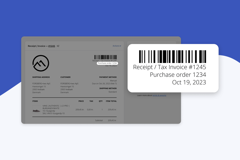 Example invoice showing purchase order number section