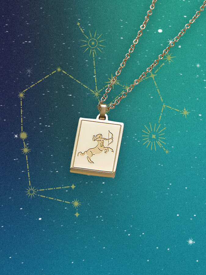 14K Gold Sagittarius Diamond Constellation Coin Necklace (Polished Fin