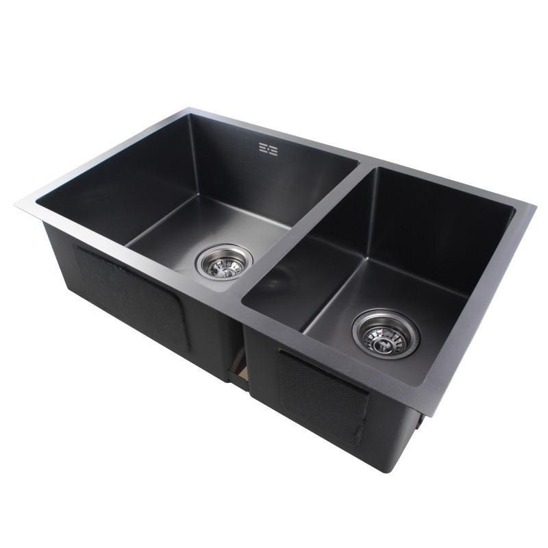 1 2mm Black Stainless Steel Double Bowl Top Undermount Kitchen Sink 710x450x205mm