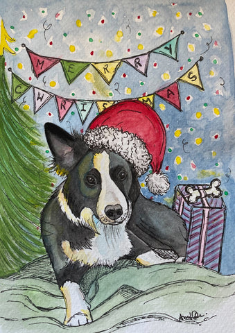 Charity Christmas Card of a Collie with a CHristmas Hat on Next to the christmas tree.