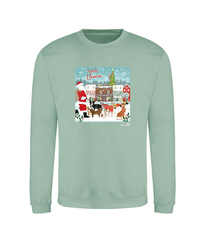 Charity Green Christmas Jumper Sweatshirt with Father Christmas Walking Dogs