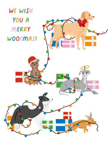 Charity Dog Card with Several Dogs Playing in a string of Christmas lights and presents 