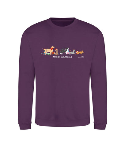 Charity Christmas Jumper Plum Colour with Dogs Playing in Christmas Lights