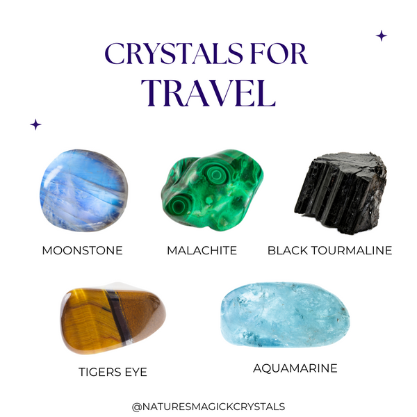 Crystals for Travel pictures of Moonstone Malachite Black Tourmaline Tigers Eye and Aquamarine