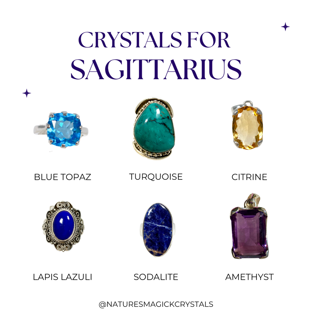 Crystals for Sagittarius - Blue Topaz, Turquoise, Citrine, Lapis Lazuli, Sodalite, Amethyst