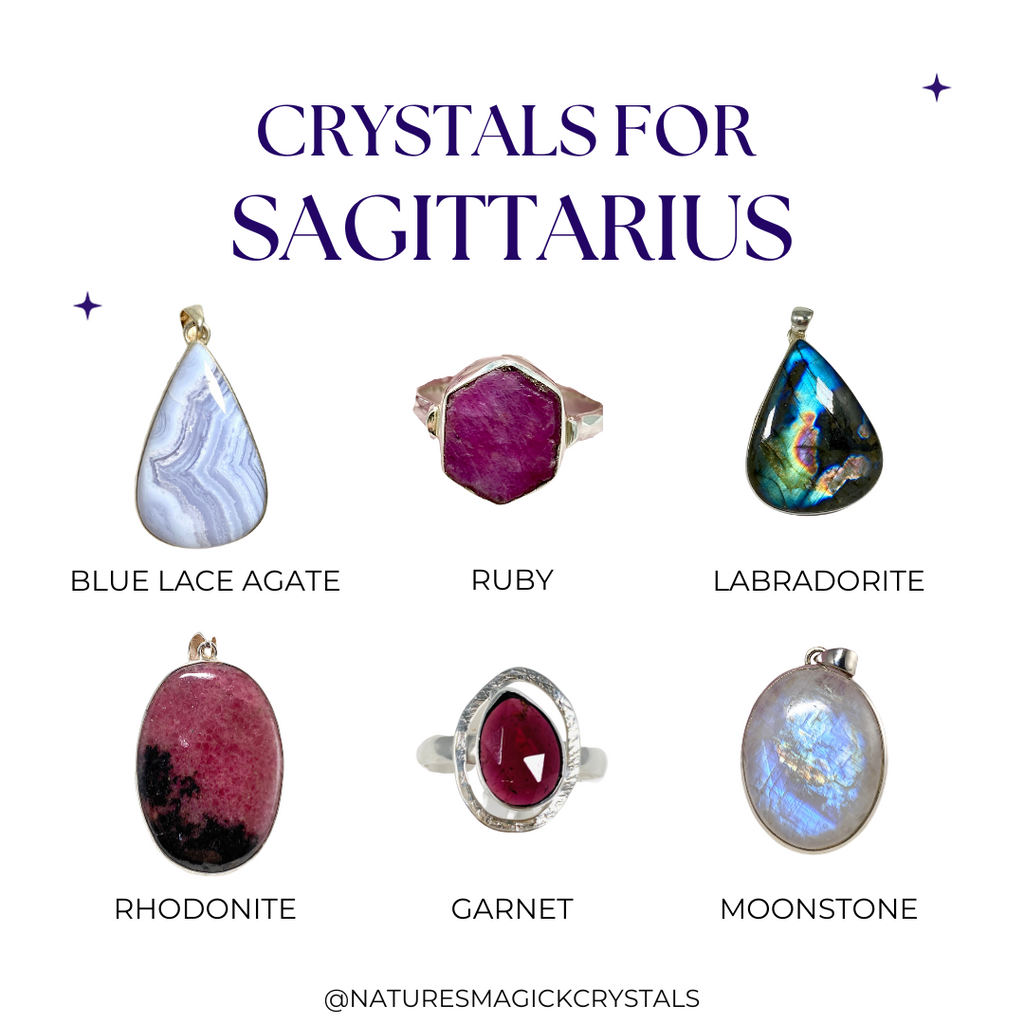 Crystals for Sagittarius - Blue Lace Agate, Ruby, Labradorite, Rhodonite, Garnet and Moonstone