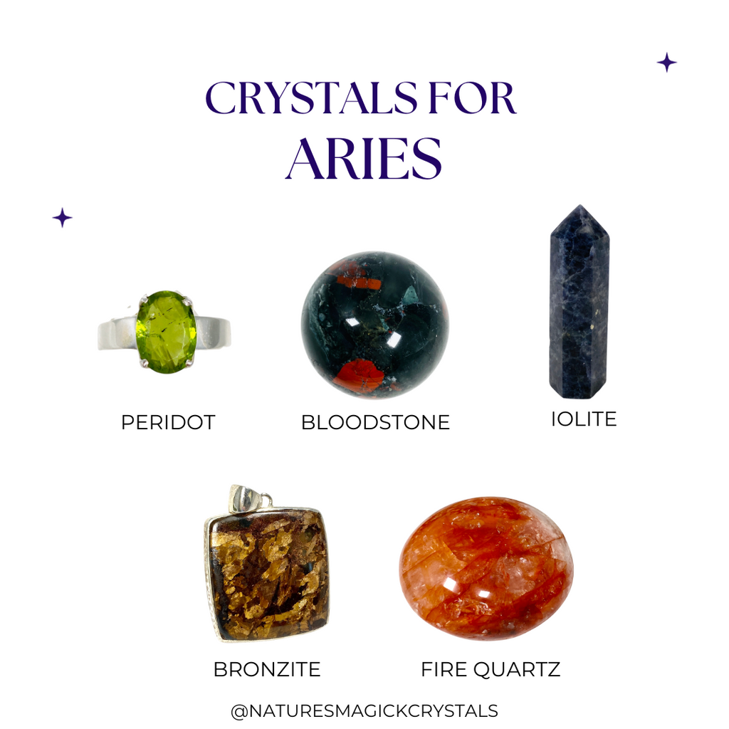 Crystals for Aries - Peridot, Bloodstone, Iolite, Bronzite and Fire Quartz