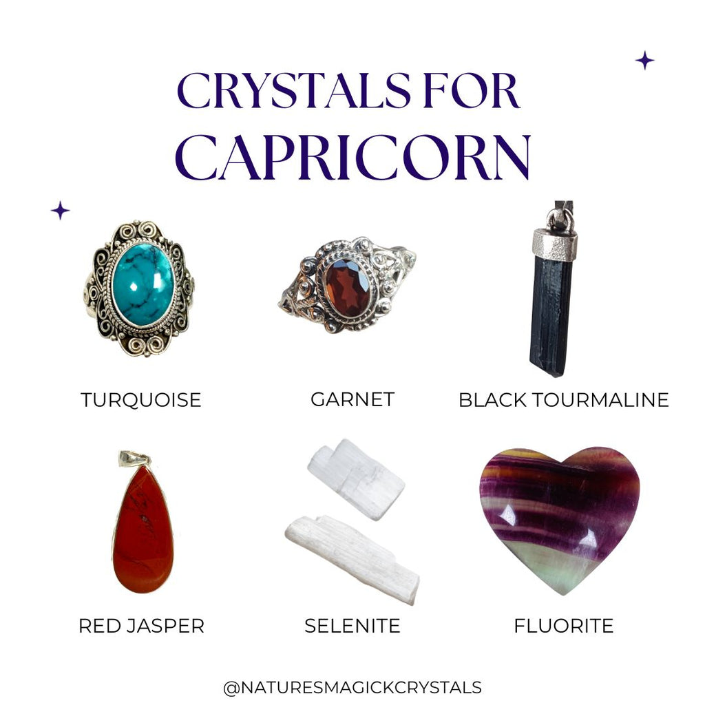 Crystals for Capricorn, Turquoise, Garnet, Black Tourmaline, Red Jasper, Selenite and Fluorite