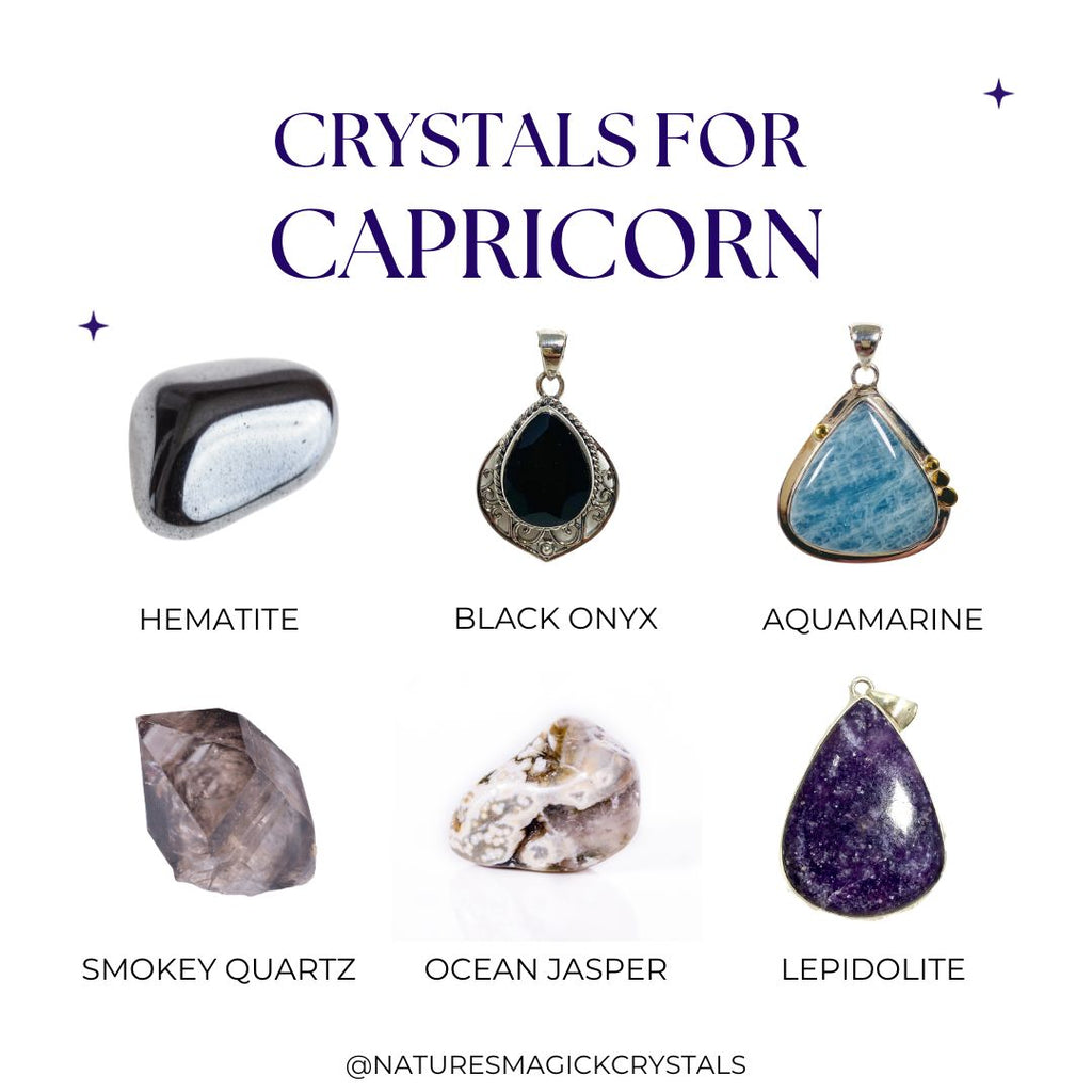 Crystals for Capricorn - Hematite, Black Onyx, Aquamarine, Smokey Quartz, Ocean Jasper and Lepidolite