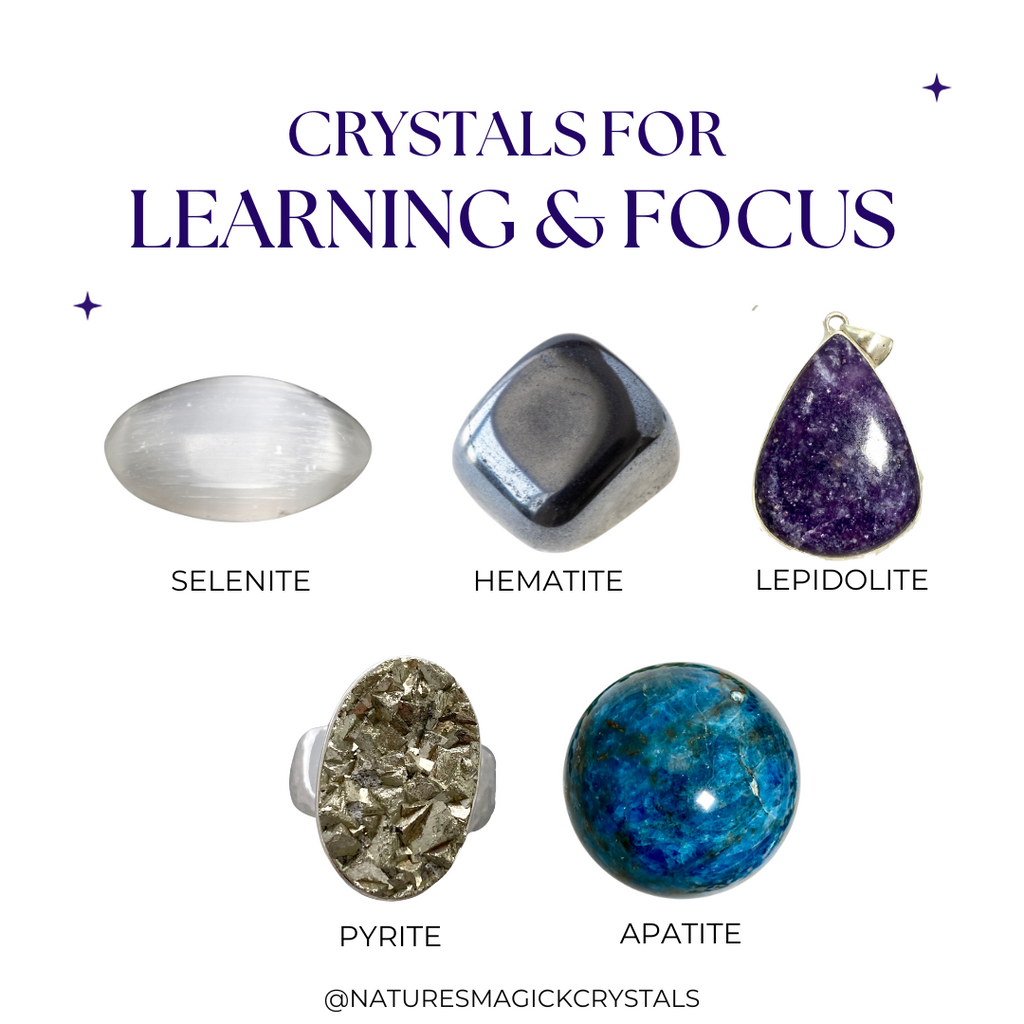 crystals for learning - selenite, hematite, lepidolite, pyrite and apatite
