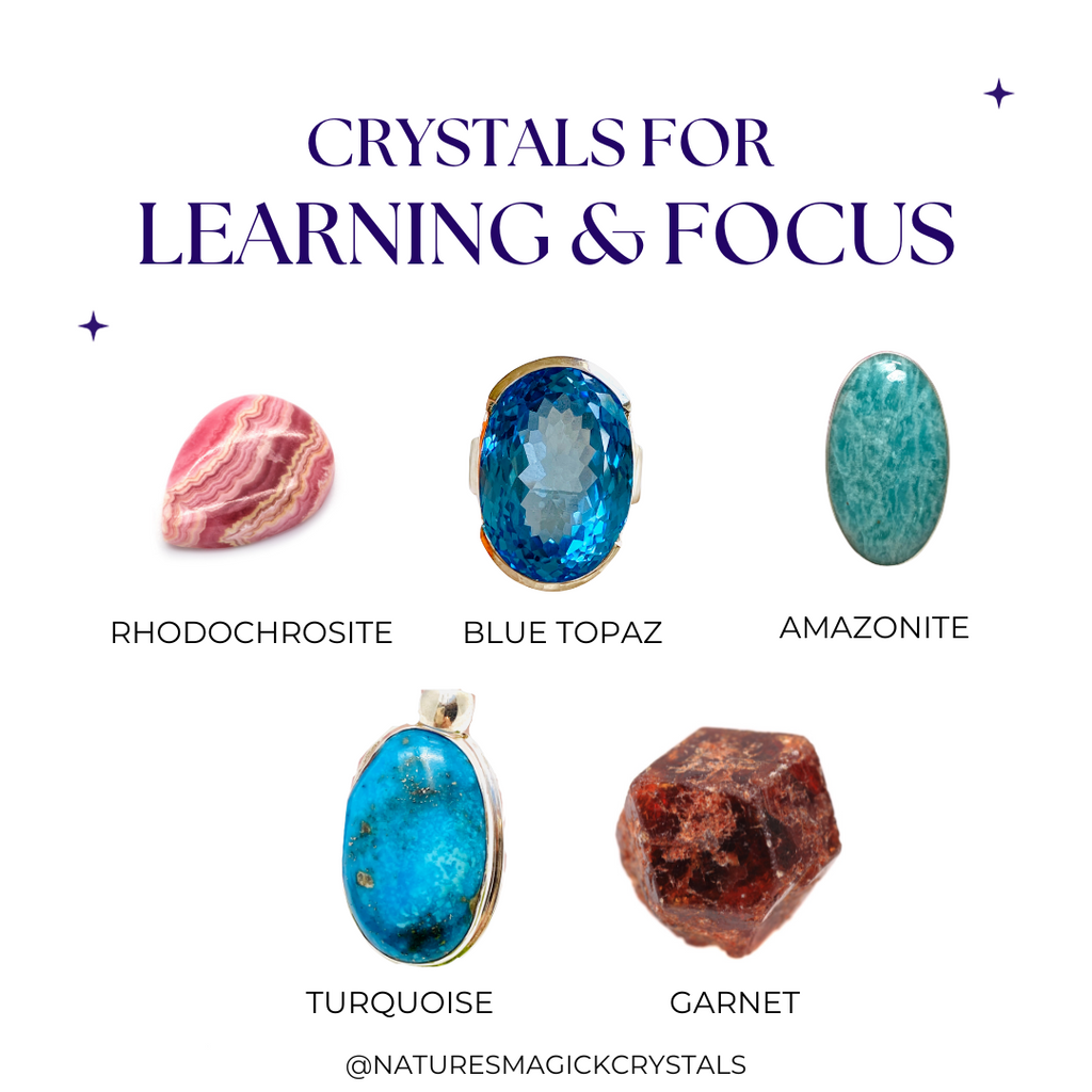 Crystals for focus - rhodochrosite, blue topaz, amazonite, turquoise and garnet