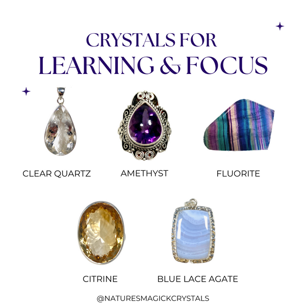 Crystals for studying - clear quartz, amethyst, flurotie, citrine and blue lace agate