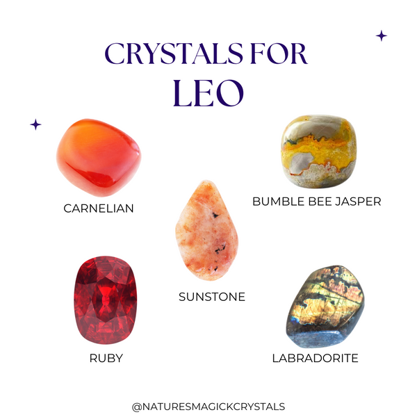 crystals for leo - carnelian, bumblebee jasper, sunstone, ruby and labradorite