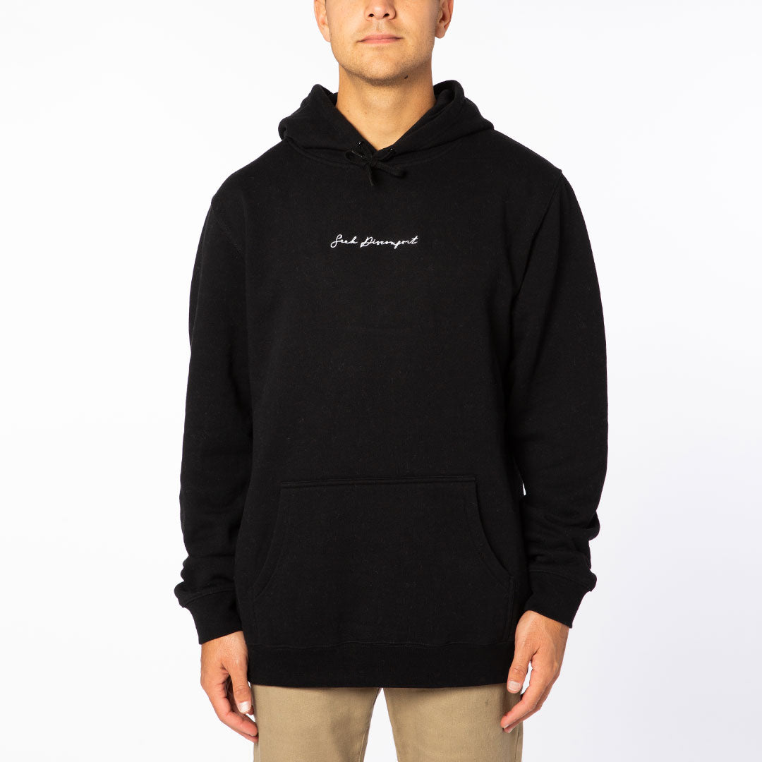 Black / White Embroidered Cursive French Terry Hoodie – Seek Discomfort