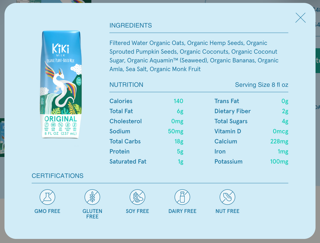 Kiki Milk ingredients popup