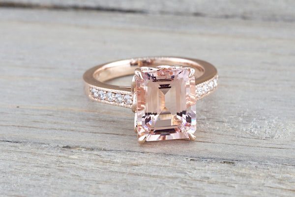 14k Rose Gold Elongated Emerald Cut Pink Morganite Diamond Engagement –  ASweetPear