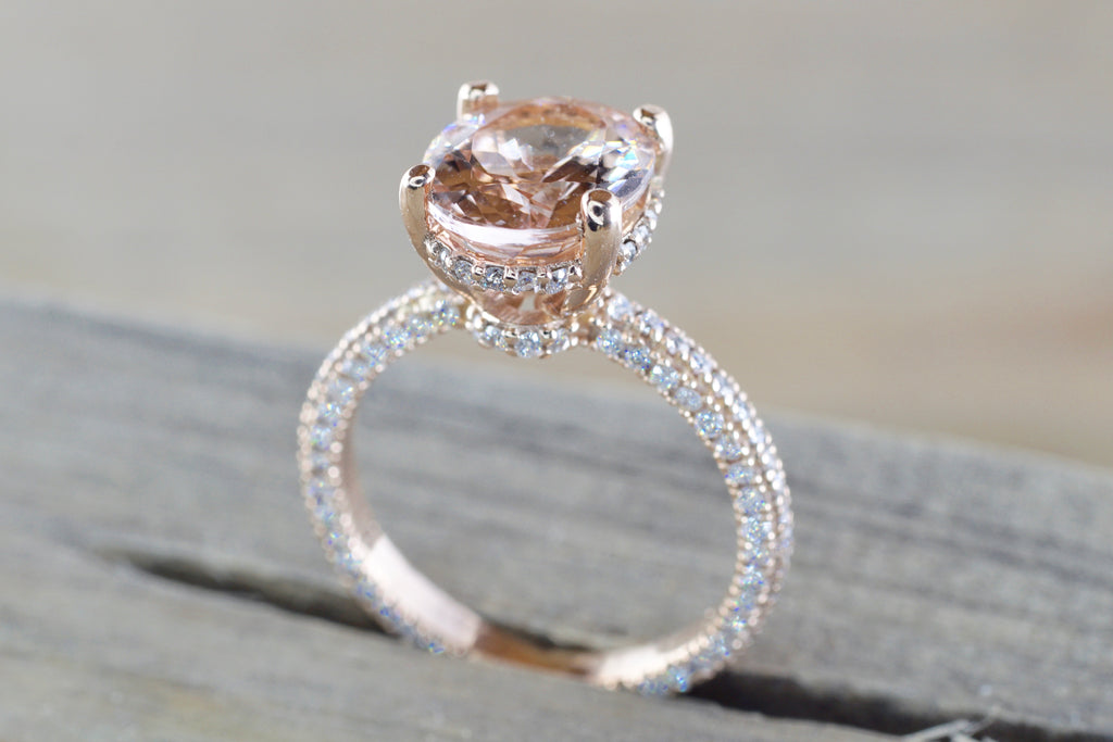 14k Gold Encrusted Under Halo Micro Pave 3 Face Oval Morganite Ring 12 ...