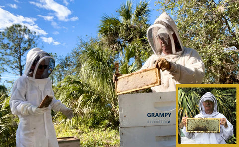 Collecting honey that we use in our products from my dad's beehives aka Grampy.