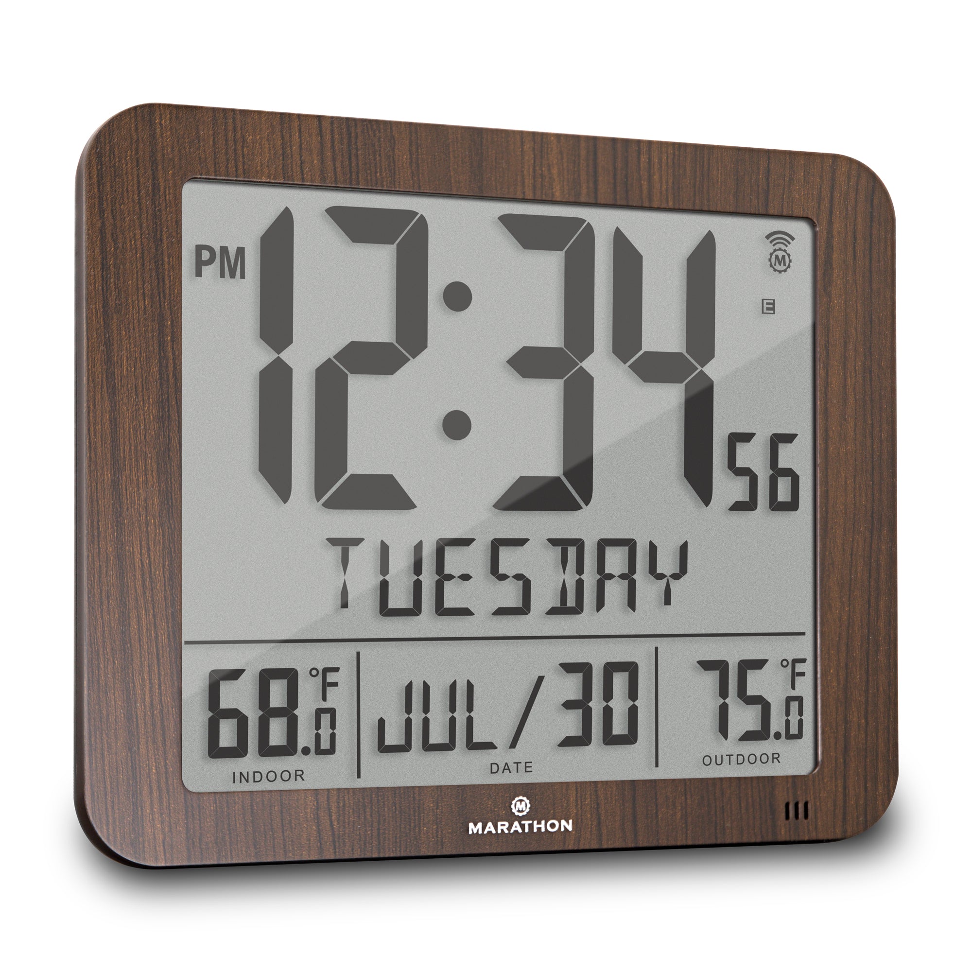 Slim Atomic Full Calendar Wall Clock with Indoor/Outdoor Temperature