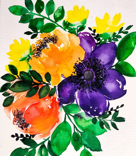 Royal Purple & Coral Watercolour Bouquet by Weave & Woven