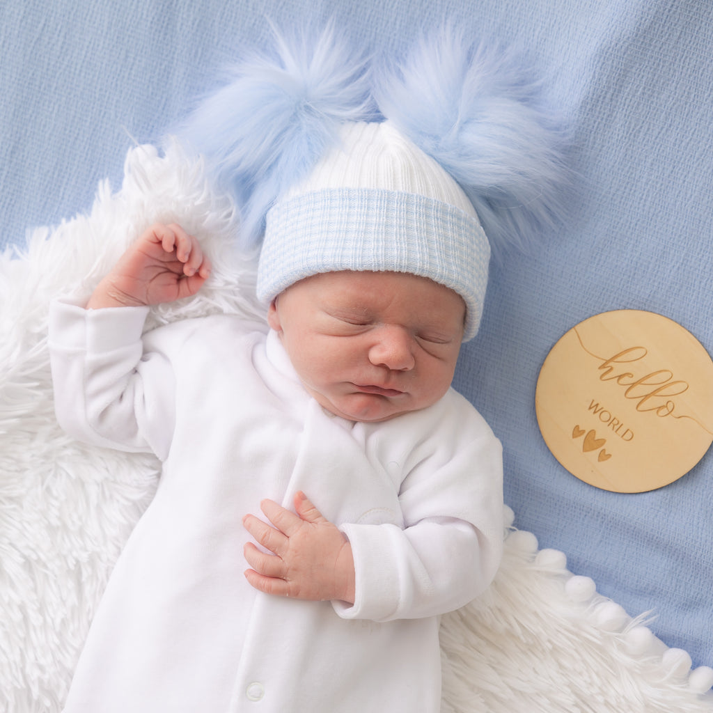 White & Grey Pom Pom Hat Baby/First Size