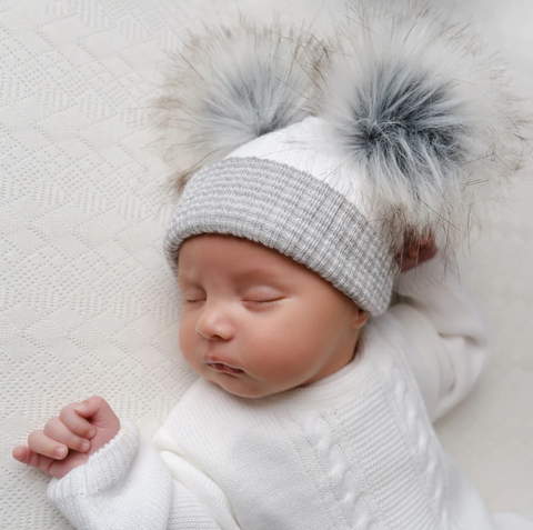 baby grey and white faux fur pom hat