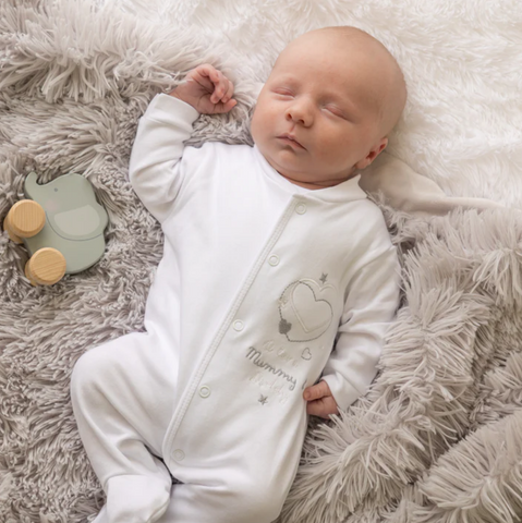 baby white sleepsuit with i love mummy