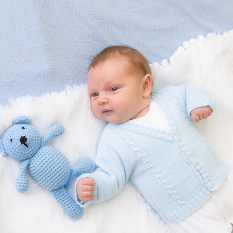 baby wearing light blue knitted cardigan