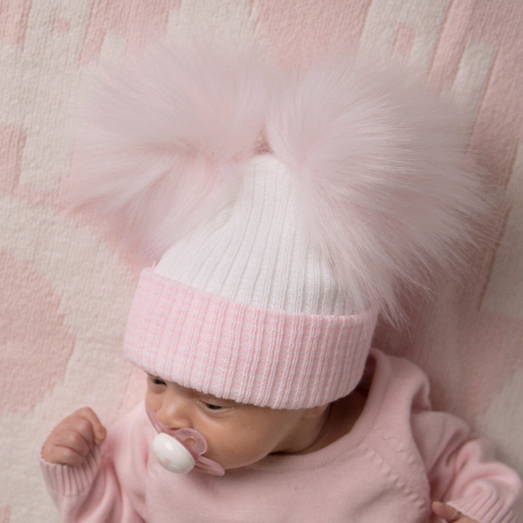 First Size White And Pink Ribbed Fur Double Pom Hat Millie Ralph