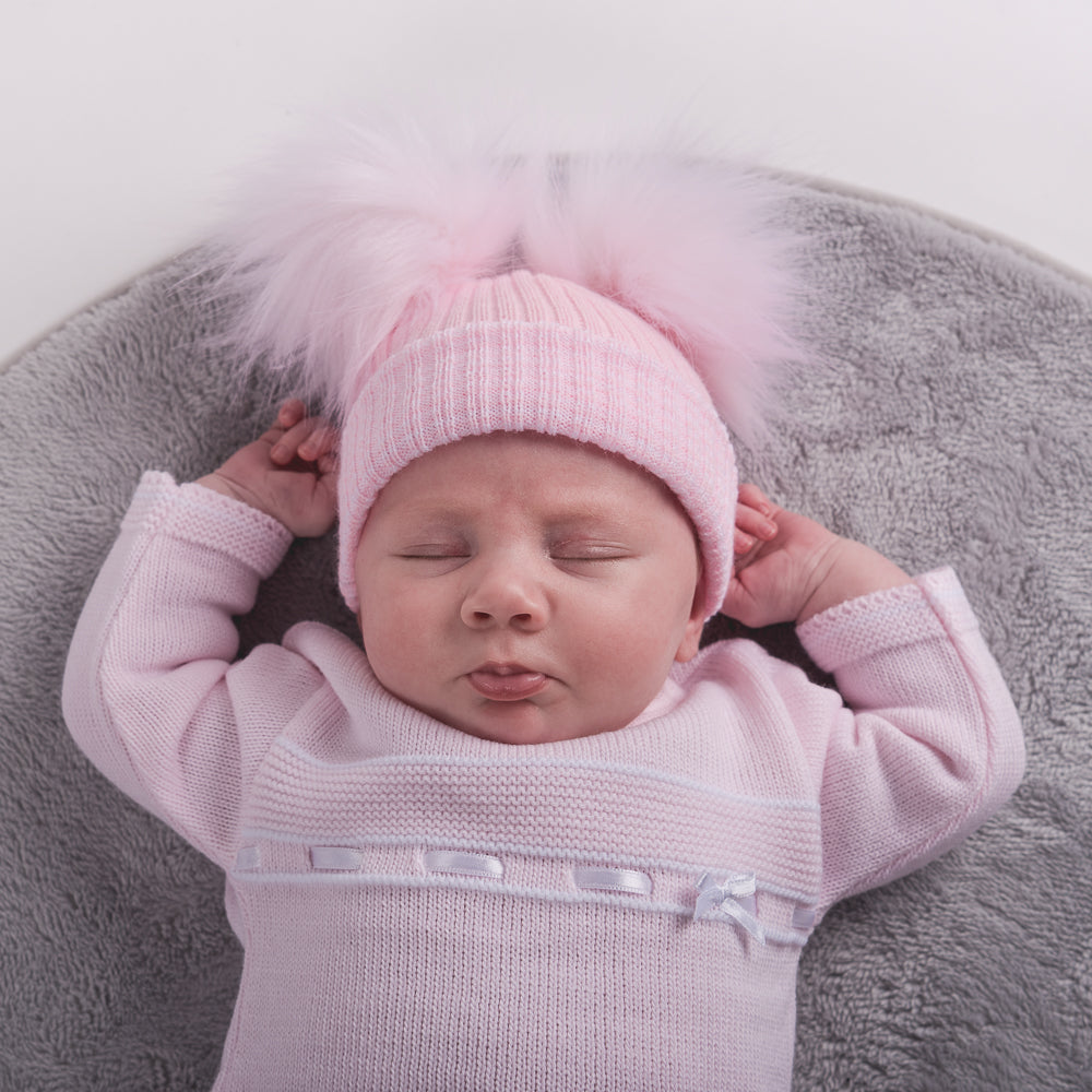 First Size Pink Ribbed Fur Double Pom Hat Millie Ralph