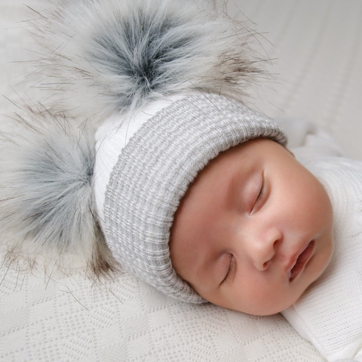 First Size White And Grey Ribbed Fur Double Pom Hat Millie Ralph