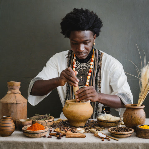 Tribal doctor making a potion with spices