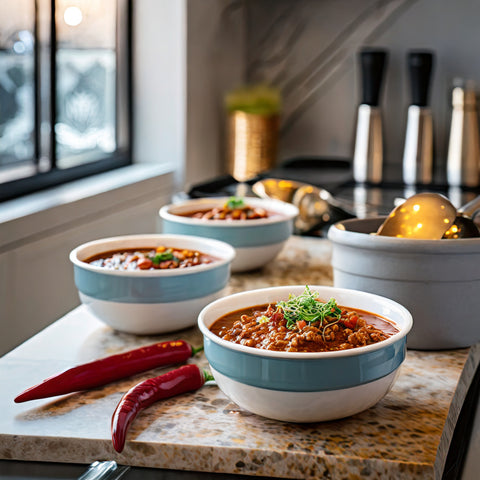 Bowls of chili in a kitchen