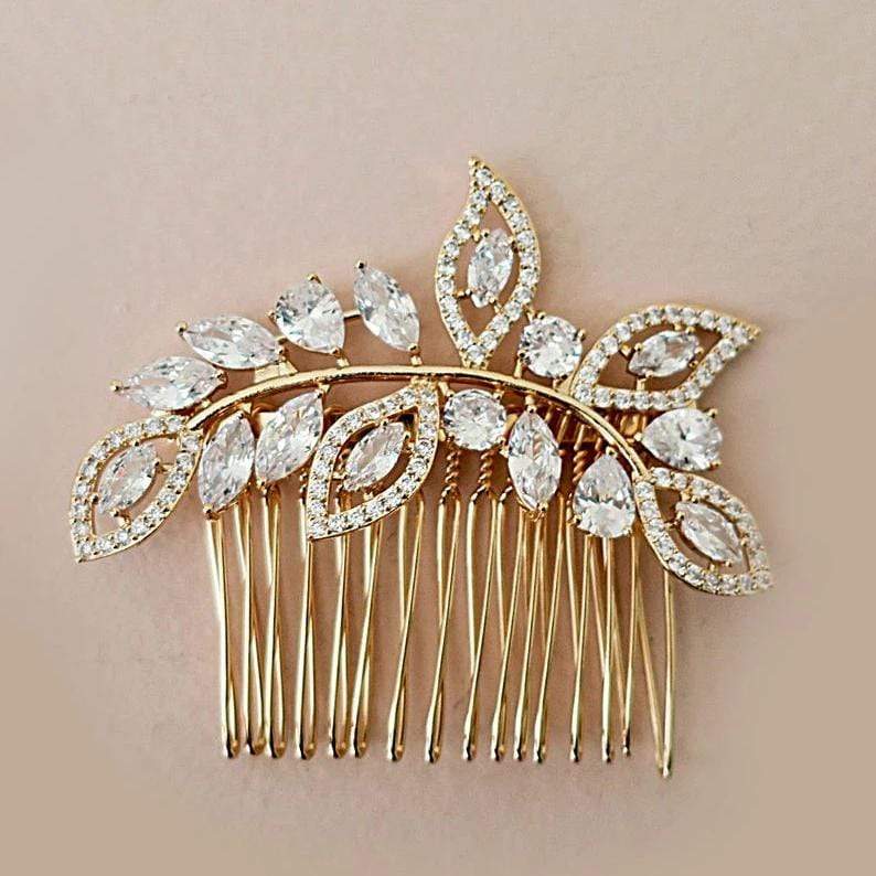 Gold Bridal Hair Comb With CZ Leaves