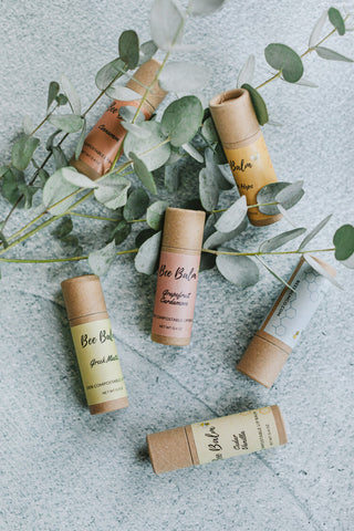 6 bee balm in cardboard containers in different scents mixed with greenery