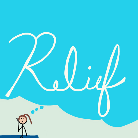 Shows a yong woman sitting on the bed holding the phone to her ear with a thought bubble coming from her head. The text reads 'Relief' in a large teal cloud.