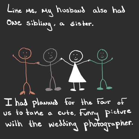 Black background with four stick figures holding hands, a bride and groom with their siblings on the ends. Text reads, "Like me, my hsuband also had one sibling, a sister. I had planned for the four of us to take a cute, funny picgture with the wedding photographer."