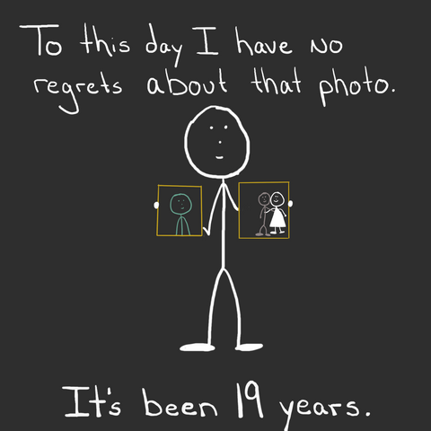 Black background with the bride as a stick figure, in the future. She is holding two photographers. One is of her with her husband on their wedding day. The other is of her deceased brother. Text reads, "To this day I ahve no regrets about that photo. It's been 19 years."