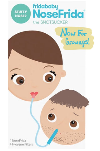 A cartoon of the NoseFrida baby congestion remover with the baby redrawn as an adult. 