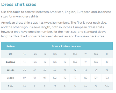 Men Shirt sizes