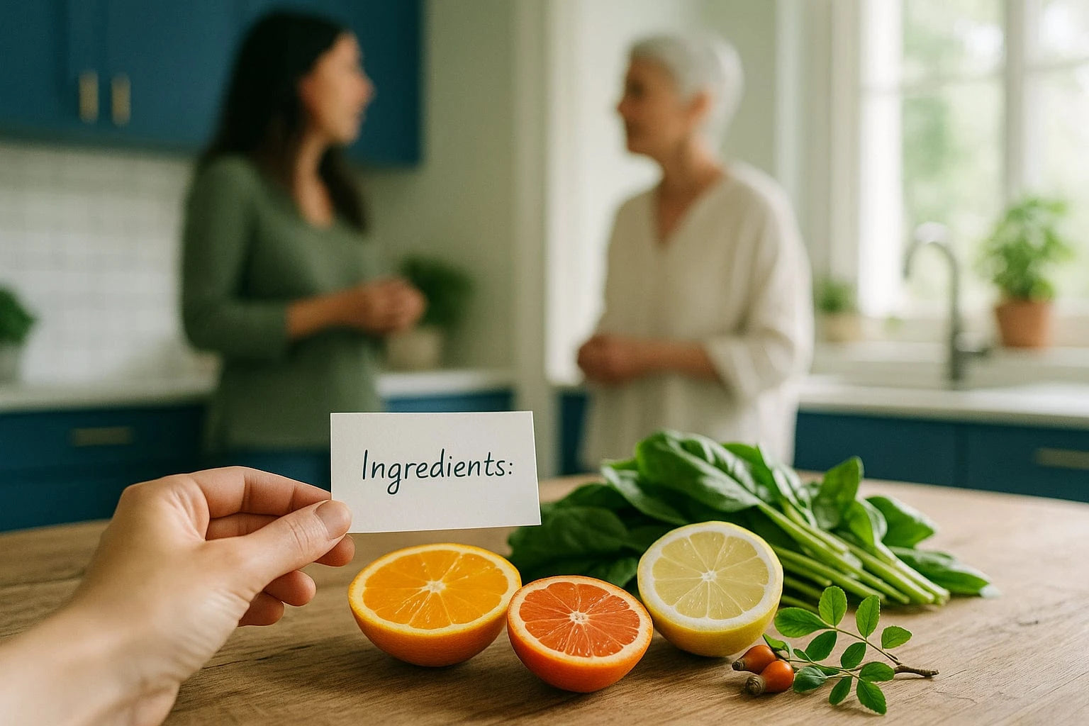 Bright modern kitchen with citrus slices, greens, and a hand holding a labeled ingredient on rustic table.