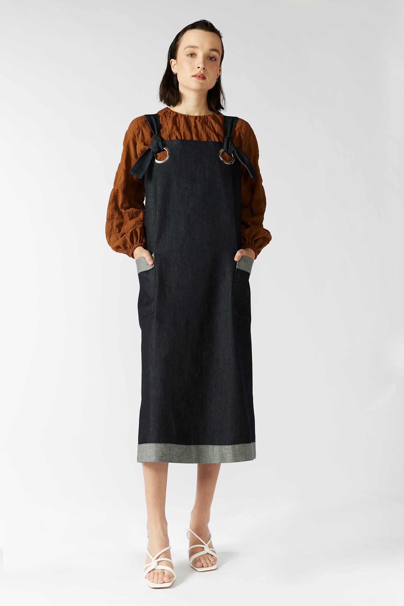 keegan conservatory clothing blue navy denim pinafore dress in with silver eyelets