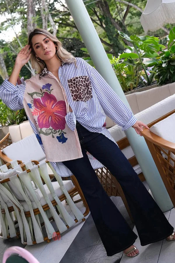 Peacock and Floral Printed Oversized Shirt Dress