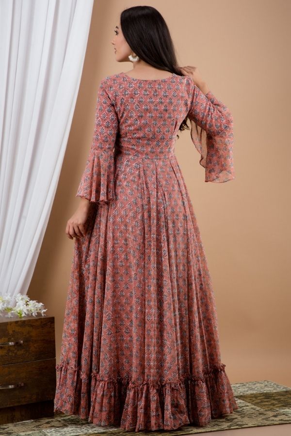 Block Printed Long Frock Dress With Frills Navvi In